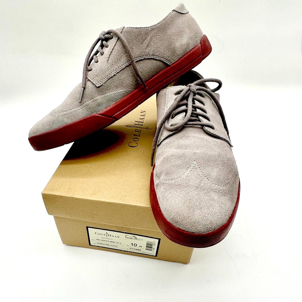 Cole Haan Air Jasper Wingtip‎ II Suede Shoes 10M – Gray/Red C11589 – With Box